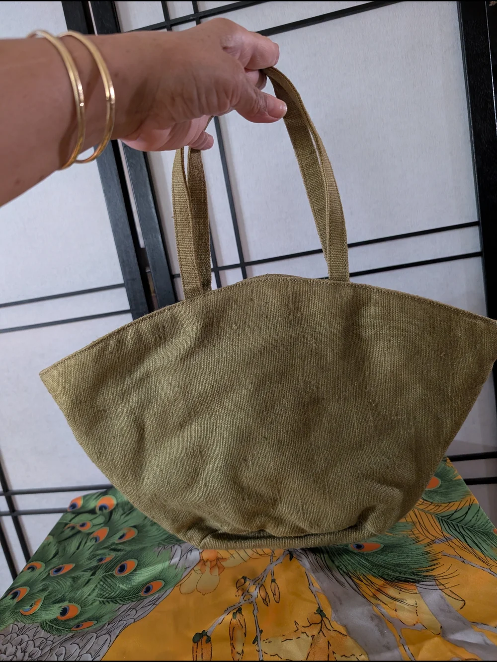 Paola Masi Italian Leather Floral Appliqué Burlap Tote Bag